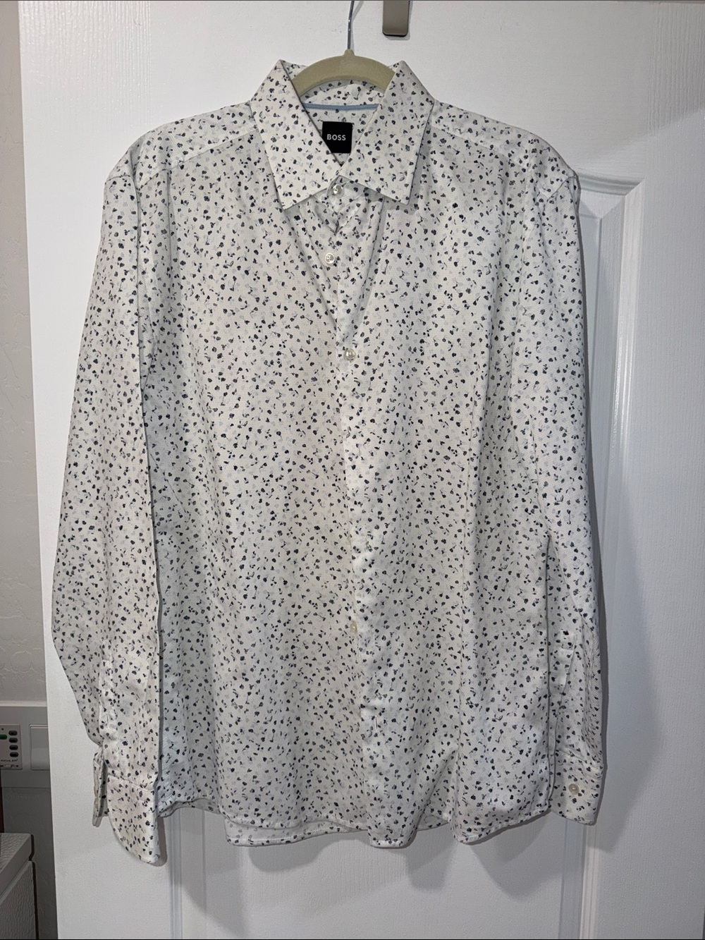 BOSS White Button-Down Shirt with Navy Micro Leaf Print